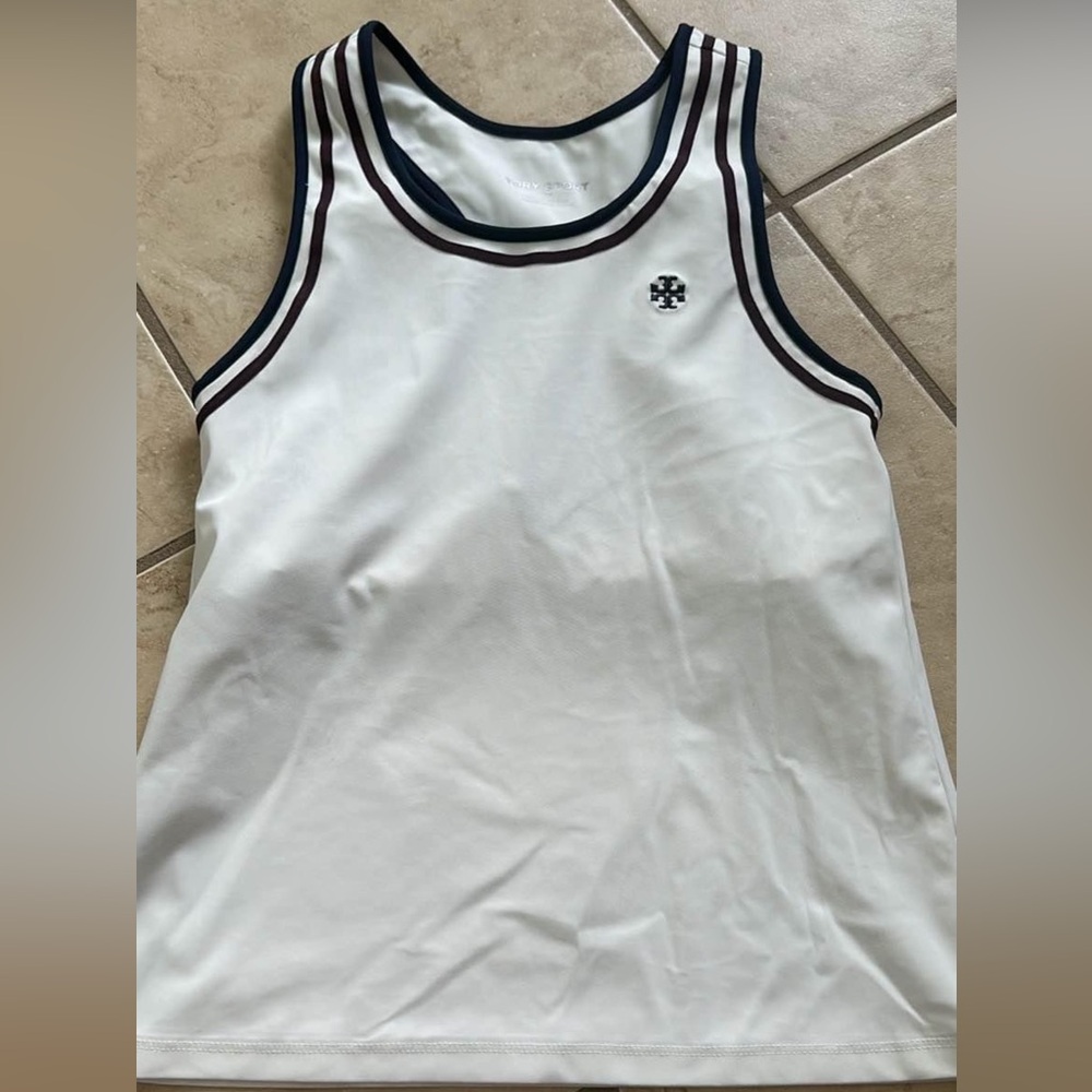 Tory Burch Sport Athletic Logo White Cream Navy Stripe Small tennis tank top EUC